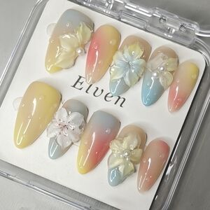 Elegant Floral Rainbow Color Handmade Press-On Nails Almond Shape